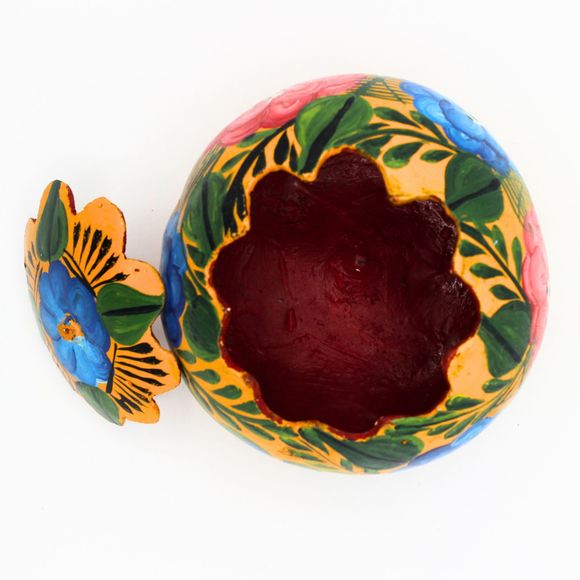 Vintage Mexican Folk Art Hand Painted Gourd Trinket Vessel 4.5" Floral Design - Picture 7 of 8